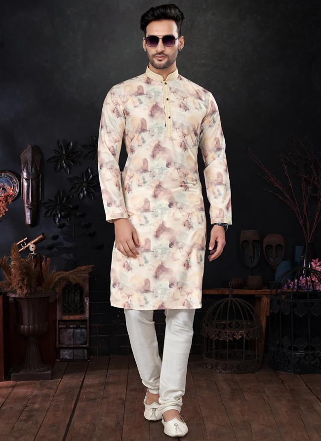 Pure Silk Light Yellow Festival Wear Mirror Work Readymade Kurta Pajama